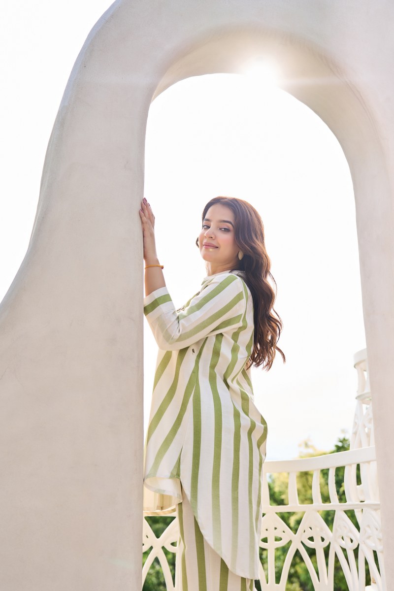 Green & White Striped Co-Ord Set for Women | Cotton Shirt Kurta with Pants