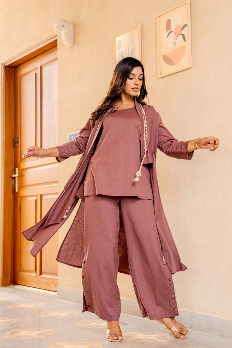 Dusty Rose Co-Ord Set for Women | Cotton Kurta with Palazzo Pants