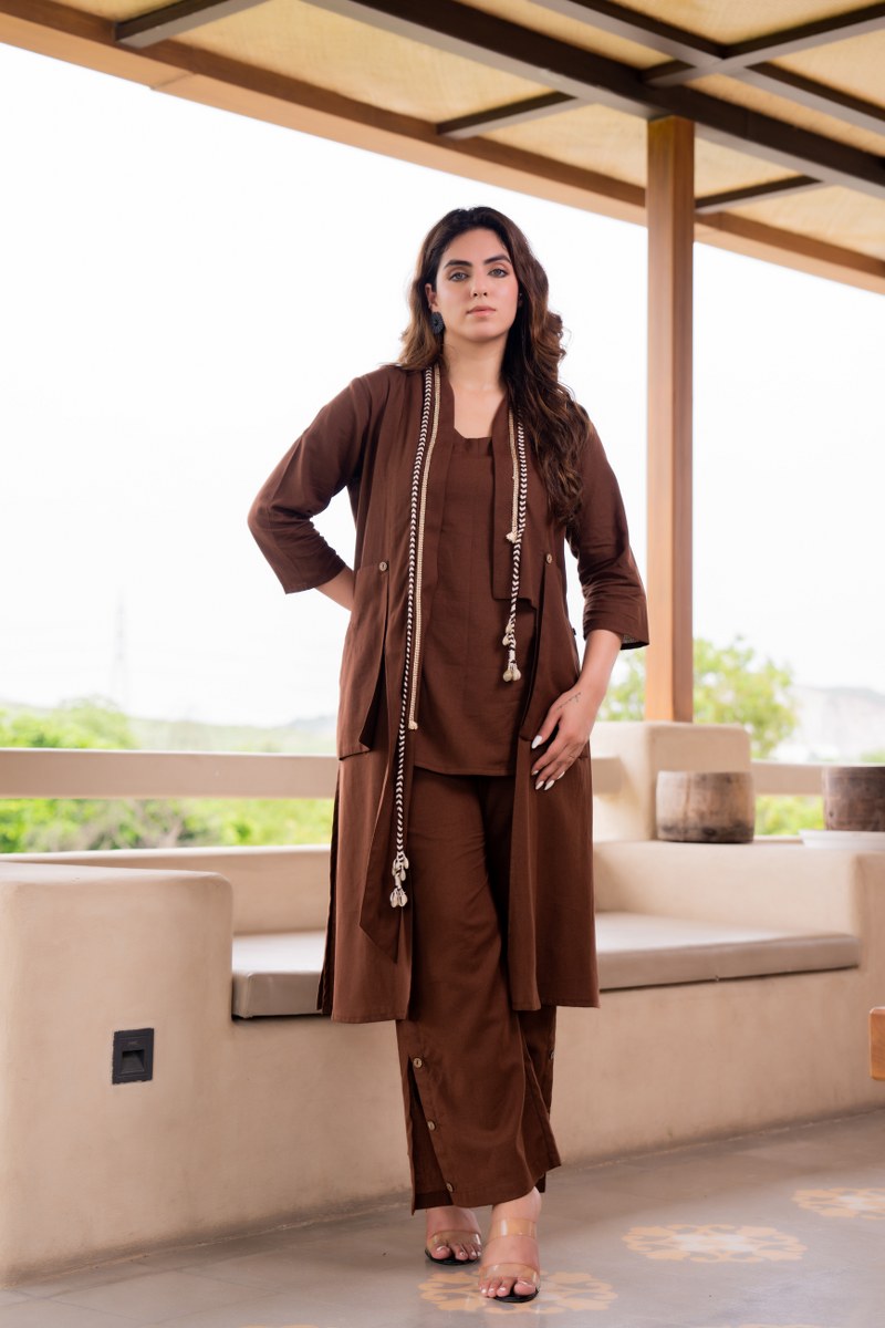 Brown Co-Ord Set for Women | Cotton Kurta with Palazzo Pants