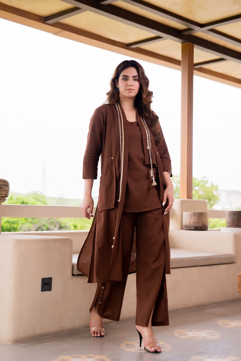 Brown Co-Ord Set for Women | Cotton Kurta with Palazzo Pants