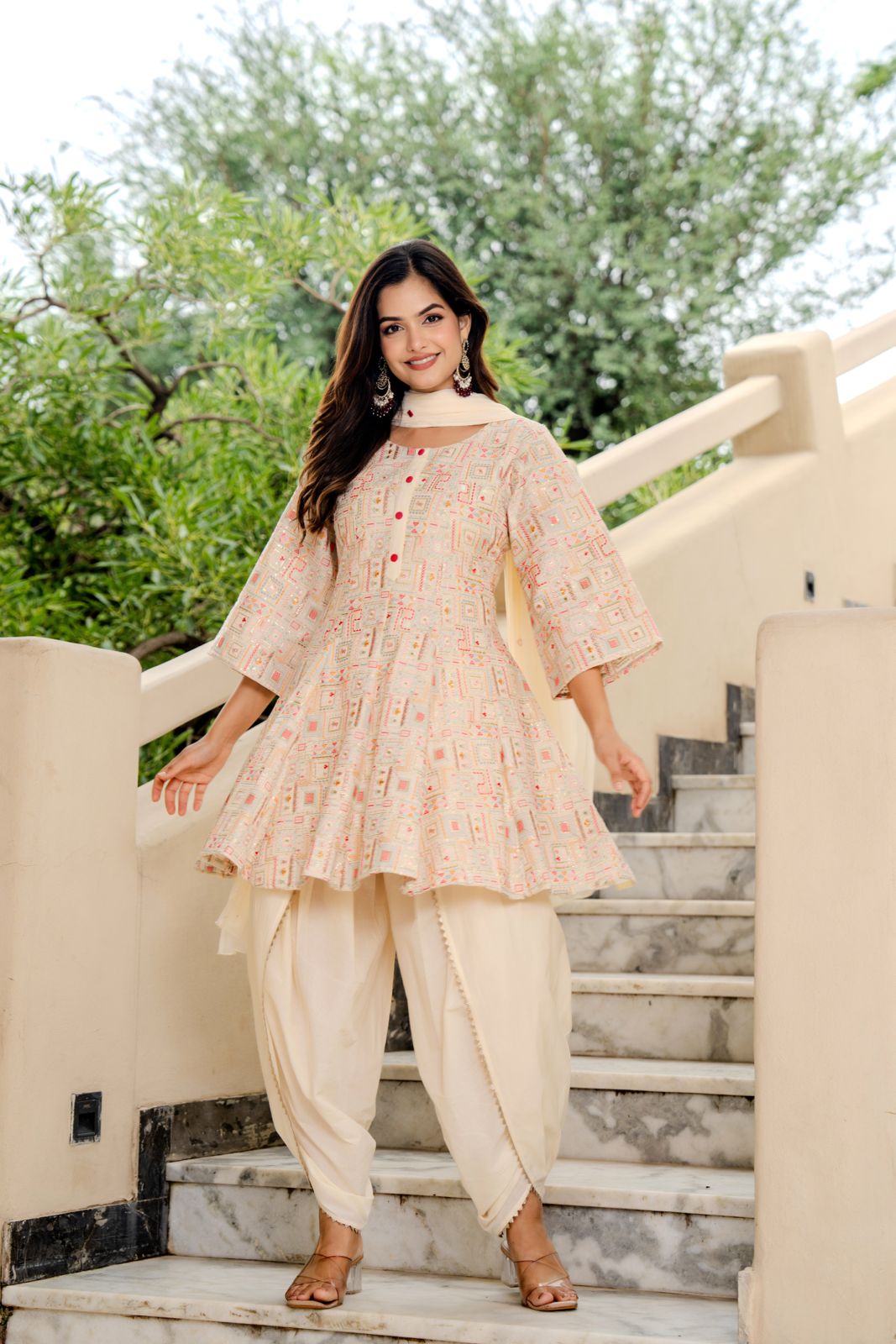 Designer Off-White Flared Kurta with Dhoti Pants & Dupatta – Women’s Festive Ethnic Set