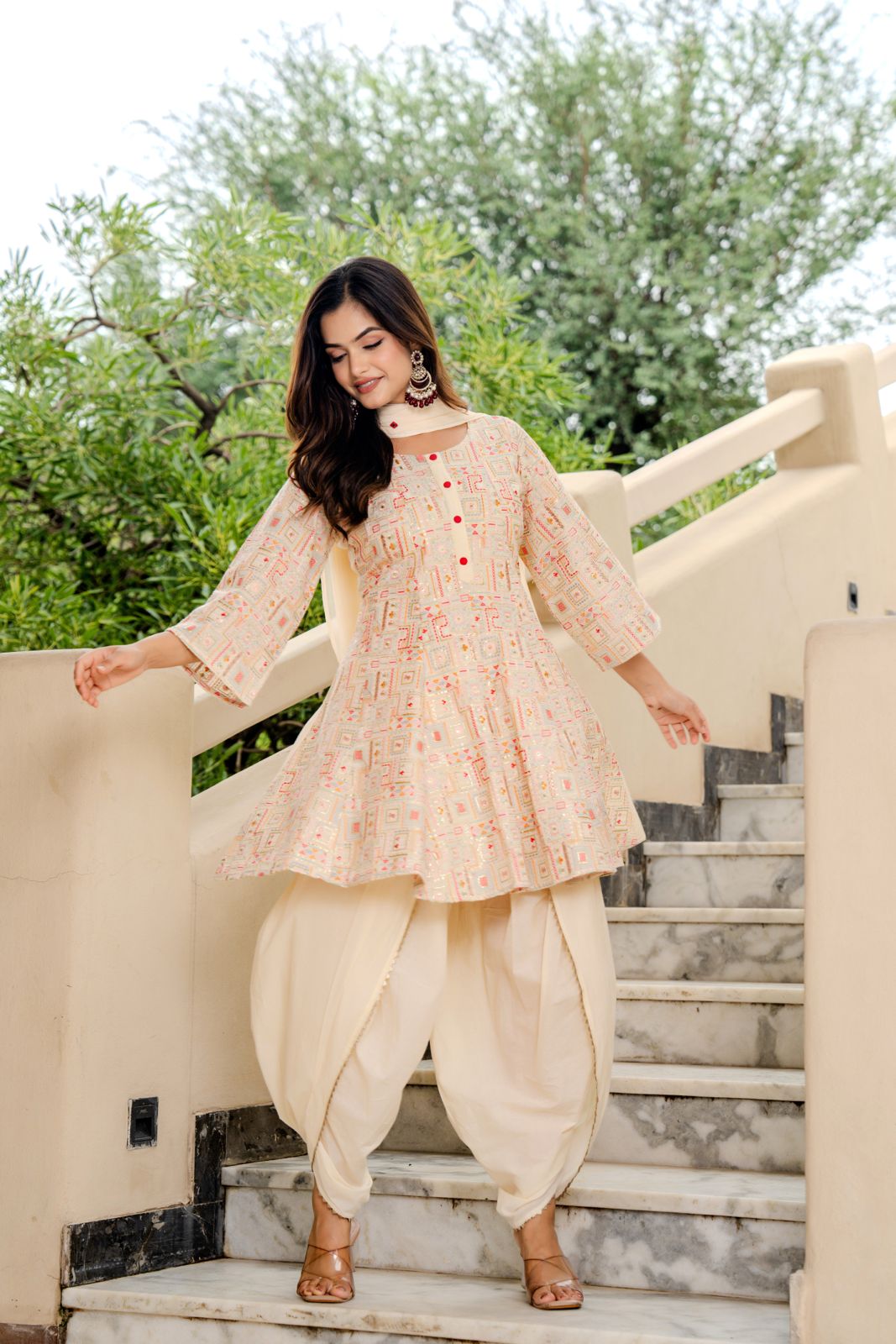 Designer Off-White Flared Kurta with Dhoti Pants & Dupatta – Women’s Festive Ethnic Set