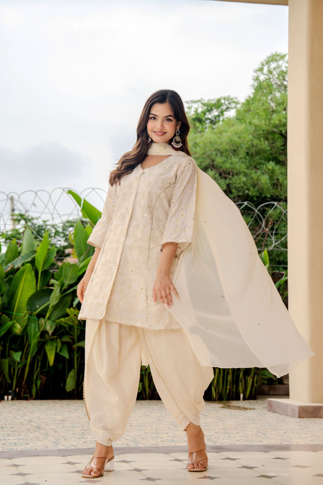 Luxury Off-White Embroidered Kurta with Dhoti Pants & Dupatta – Women’s Festive Ethnic Outfit