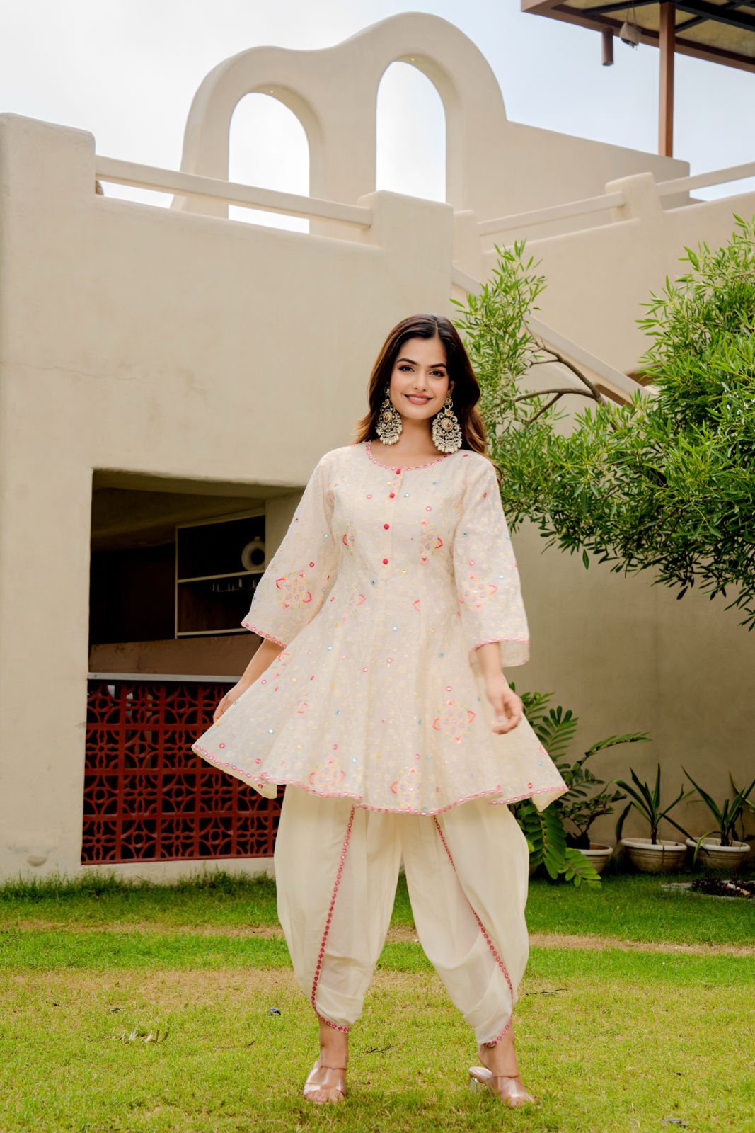 Chic Off-White Embroidered Kurta with Dhoti Pants & Dupatta – Festive Ethnic Set for Women