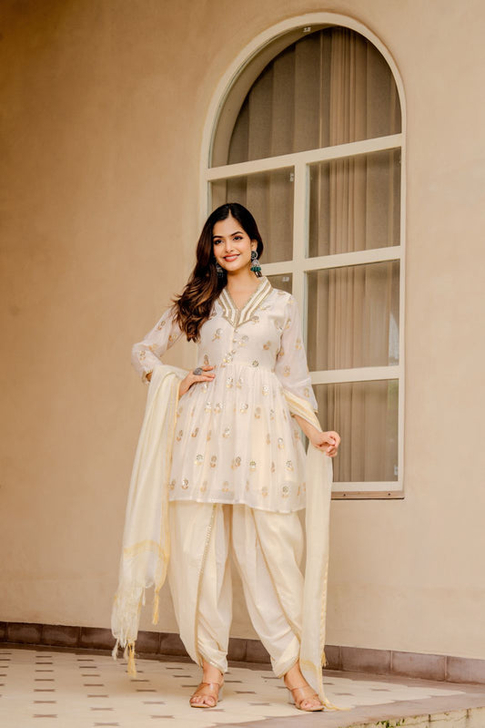 Elegant Off-White Mirror Work Kurta with Dhoti Pants & Dupatta – Festive Women’s Ethnic Set