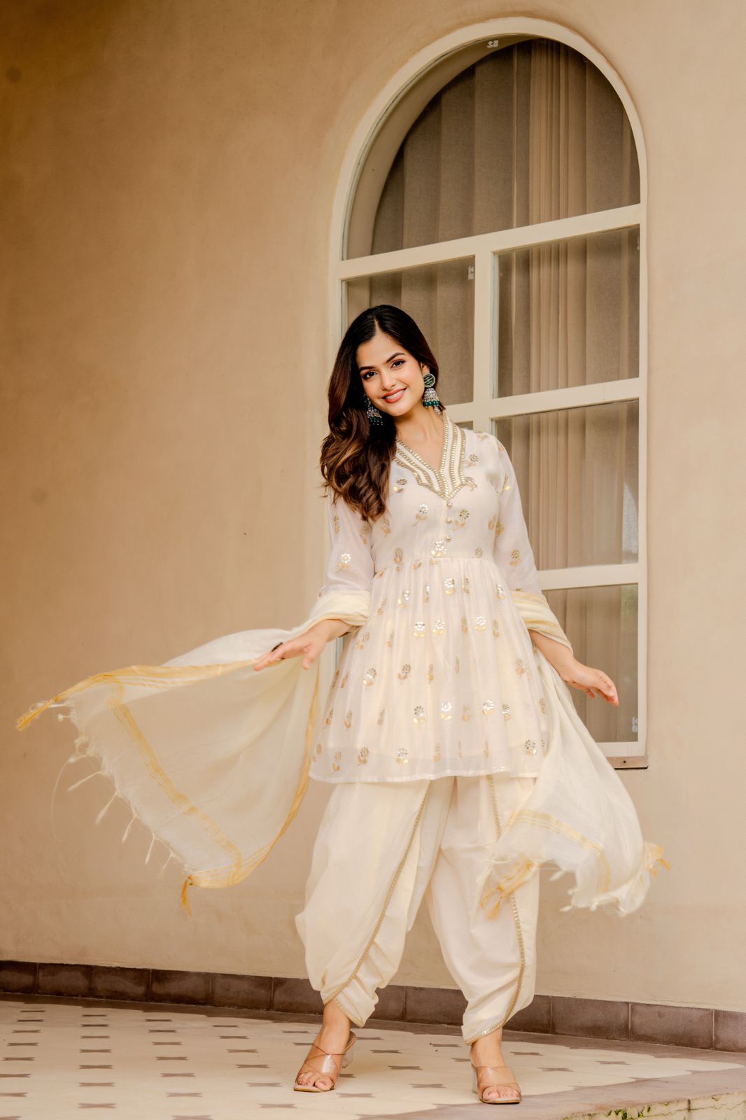 Elegant Off-White Mirror Work Kurta with Dhoti Pants & Dupatta – Festive Women’s Ethnic Set