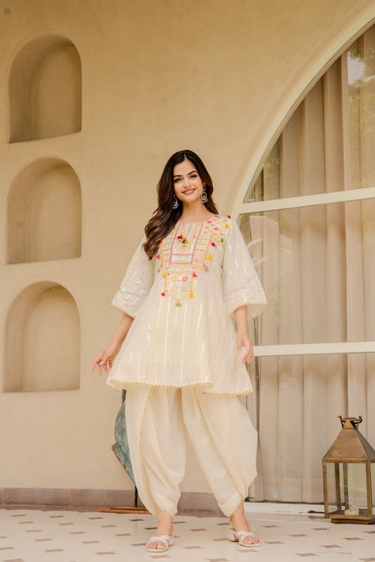 Elegant Off-White Embroidered Kurta with Dhoti Pants – Festive & Ethnic Wear for Women