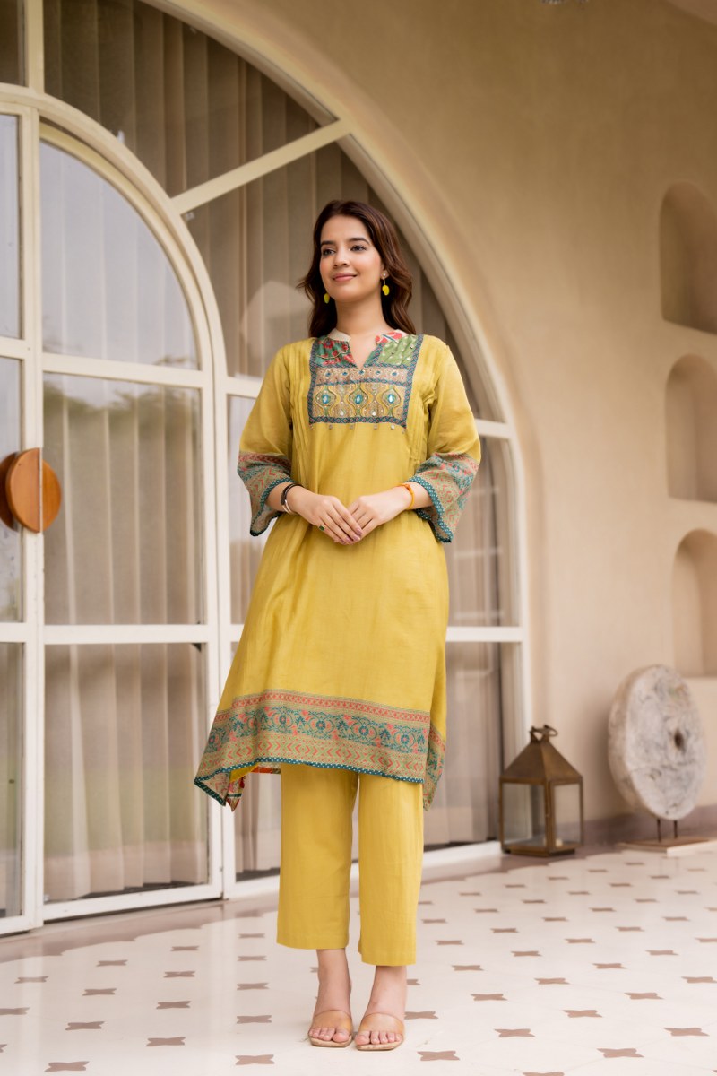 Yellow Mal Cotton Printed Kurti Set for Women | Ethnic Straight Kurta with Pants | Comfortable Daily & Festive Wear
