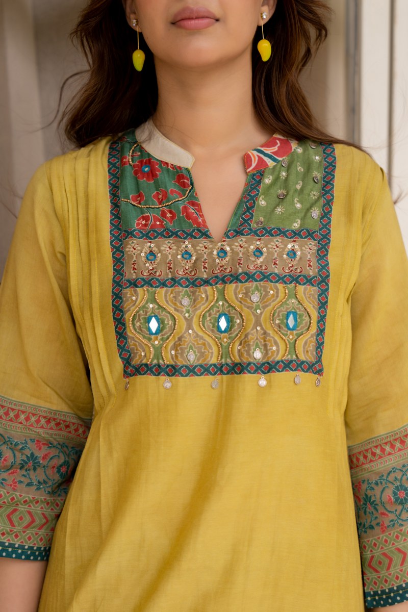 Yellow Mal Cotton Printed Kurti Set for Women | Ethnic Straight Kurta with Pants | Comfortable Daily & Festive Wear