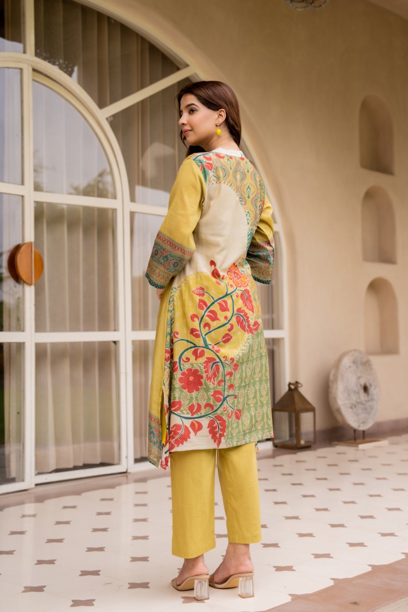 Yellow Mal Cotton Printed Kurti Set for Women | Ethnic Straight Kurta with Pants | Comfortable Daily & Festive Wear