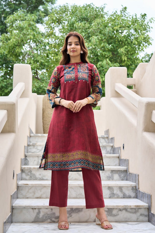 Maroon Mal Cotton Printed Kurti Set for Women | Ethnic Straight Kurta with Pants | Comfortable Daily & Festive Wear
