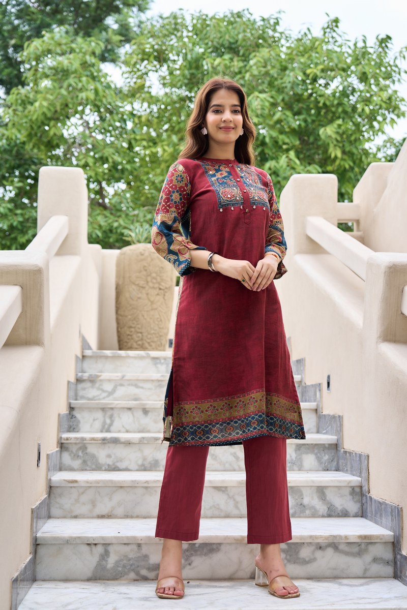 Maroon Mal Cotton Printed Kurti Set for Women | Ethnic Straight Kurta with Pants | Comfortable Daily & Festive Wear