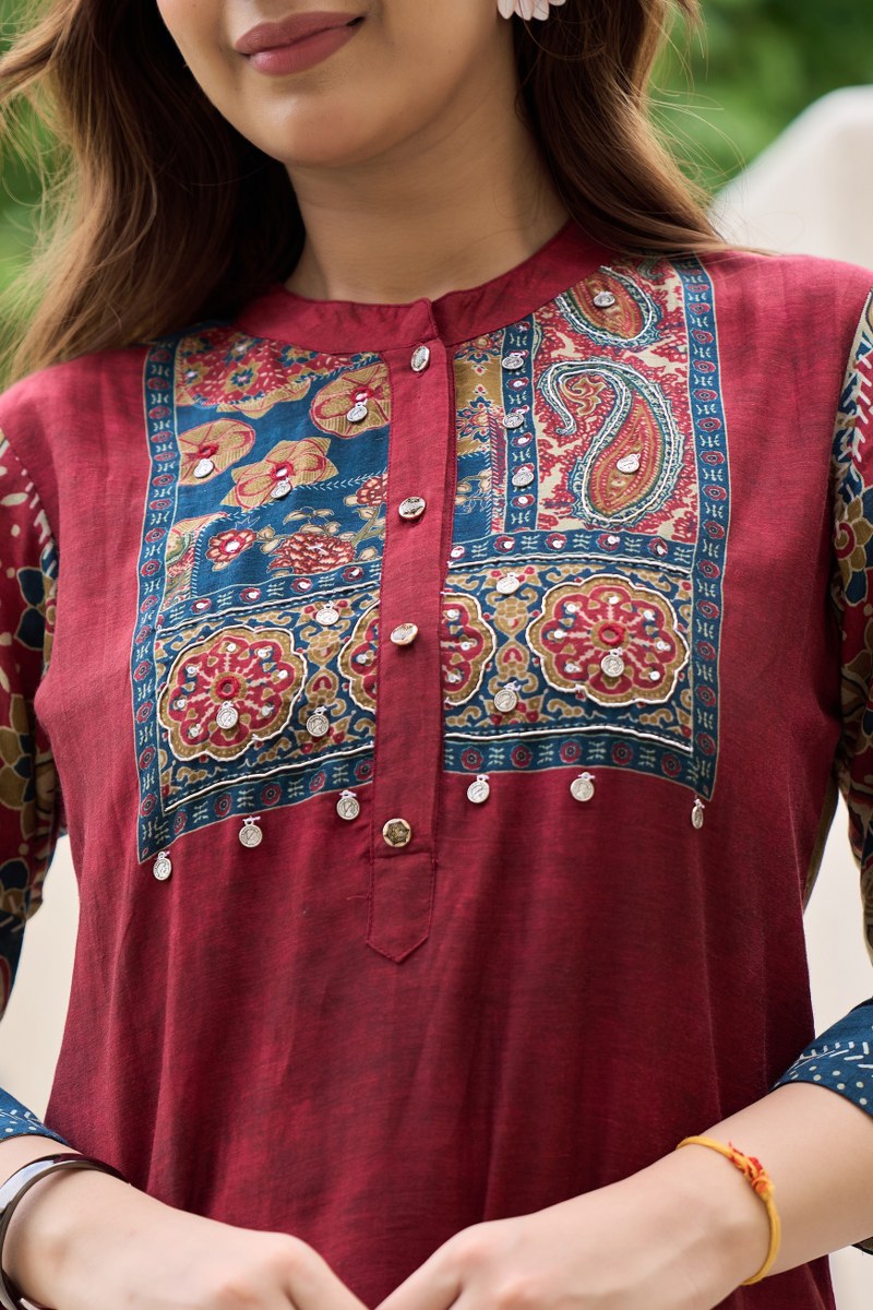 Maroon Mal Cotton Printed Kurti Set for Women | Ethnic Straight Kurta with Pants | Comfortable Daily & Festive Wear