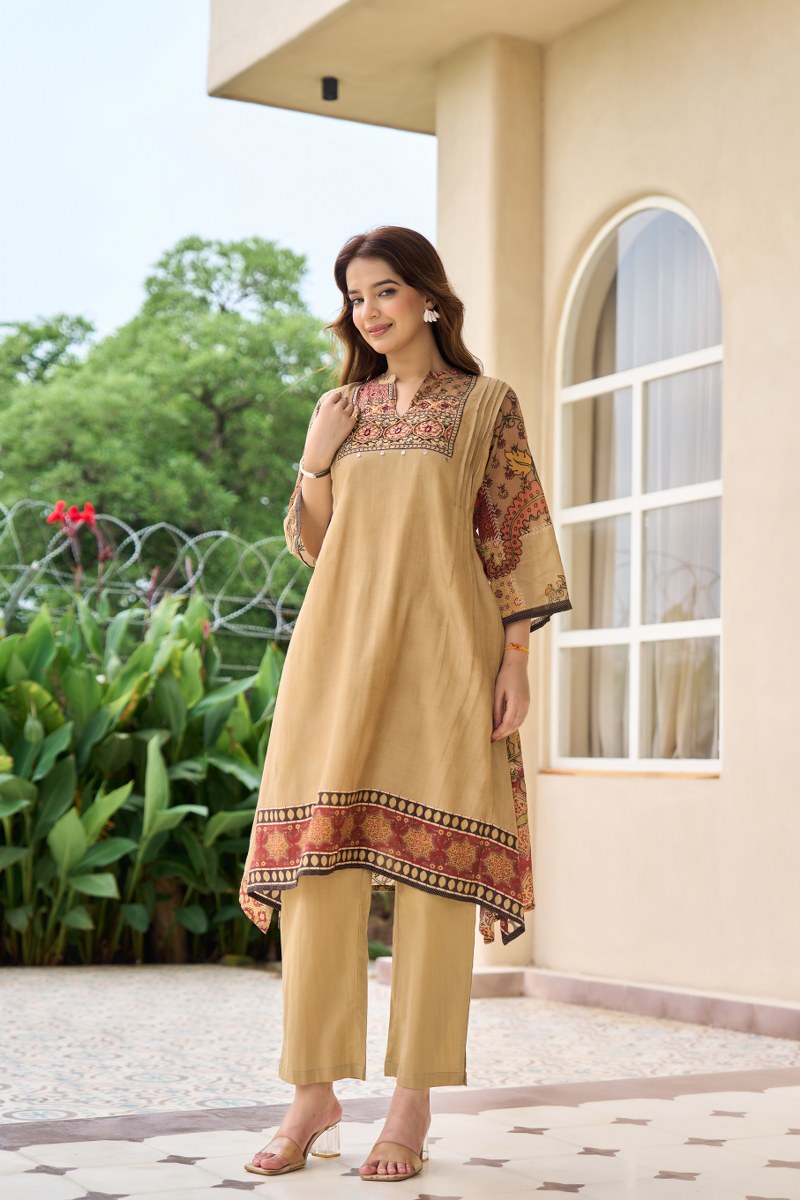 Beige Mal Cotton Printed Kurti Set for Women | Elegant Ethnic Wear with Palazzo Pants | Comfortable Daily & Festive Outfit