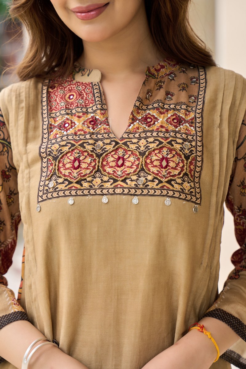 Beige Mal Cotton Printed Kurti Set for Women | Elegant Ethnic Wear with Palazzo Pants | Comfortable Daily & Festive Outfit