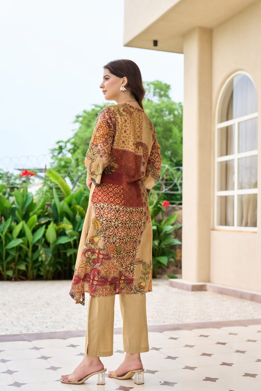 Beige Mal Cotton Printed Kurti Set for Women | Elegant Ethnic Wear with Palazzo Pants | Comfortable Daily & Festive Outfit